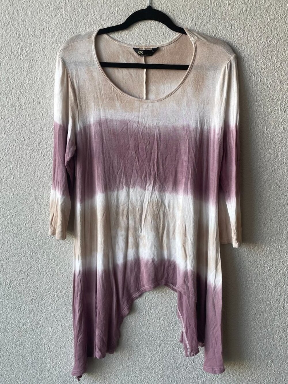 Women's SJS Brand Tunic Top Size L Multicolor Tie-dye Pattern Asymmetrical Hem